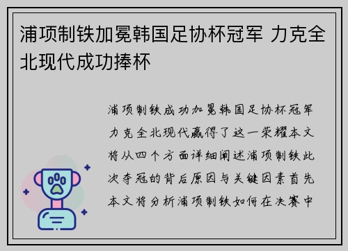 浦项制铁加冕韩国足协杯冠军 力克全北现代成功捧杯